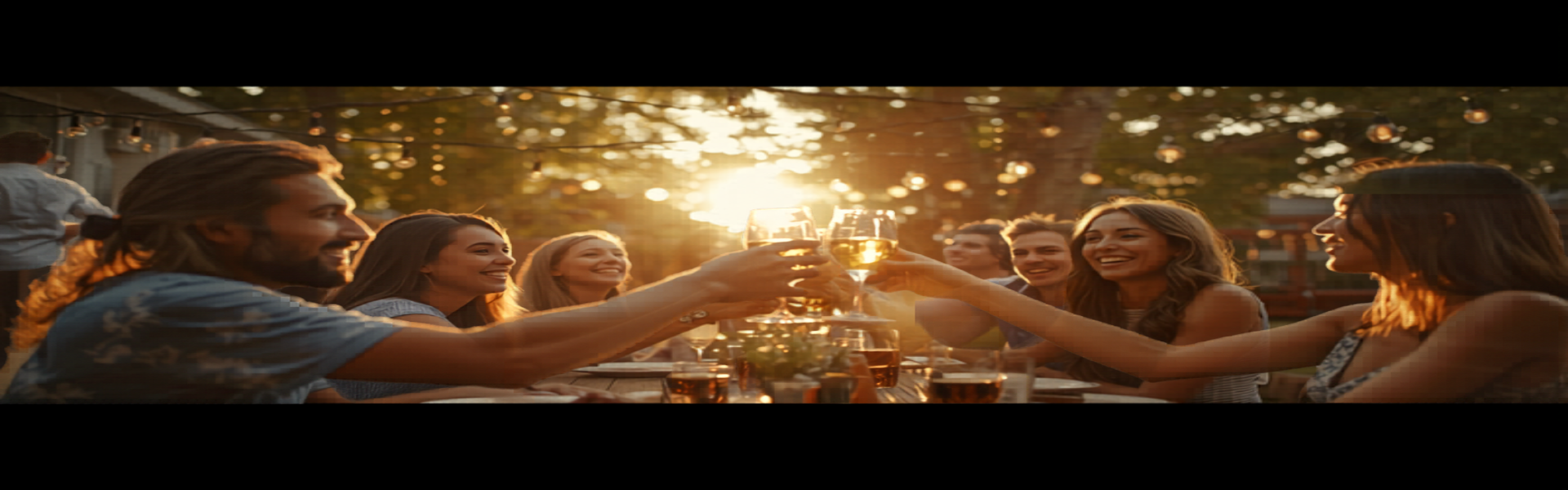 A diverse group of friends and family raising glasses together in a backyard toast at golden hour, laughing under string lights.