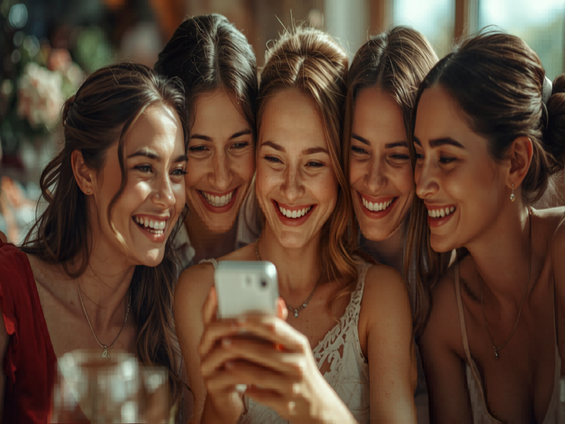 Five friends laughing together while looking at one phone screen, bright daylight.