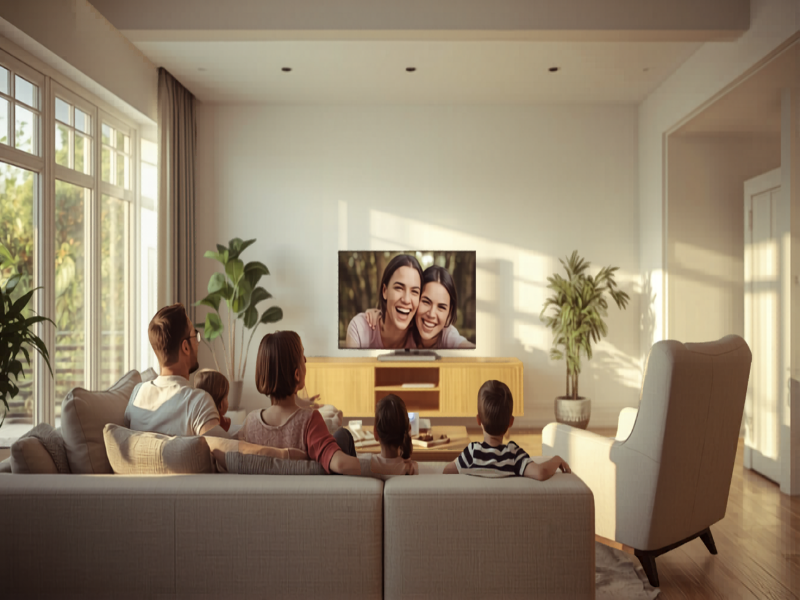 A family on a couch watching a photo slideshow on a TV in a bright airy living room with daylight streaming through windows.