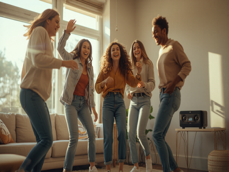 Friends laughing and dancing together at a casual home gathering with a speaker on a side table, bright daylight.