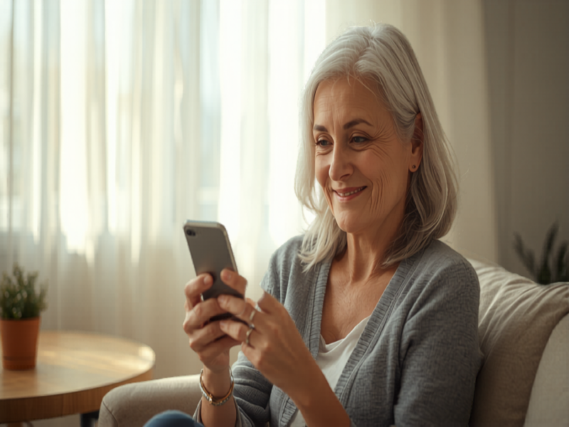 A silver-haired woman smiling warmly at her smartphone in a bright daylit living room.