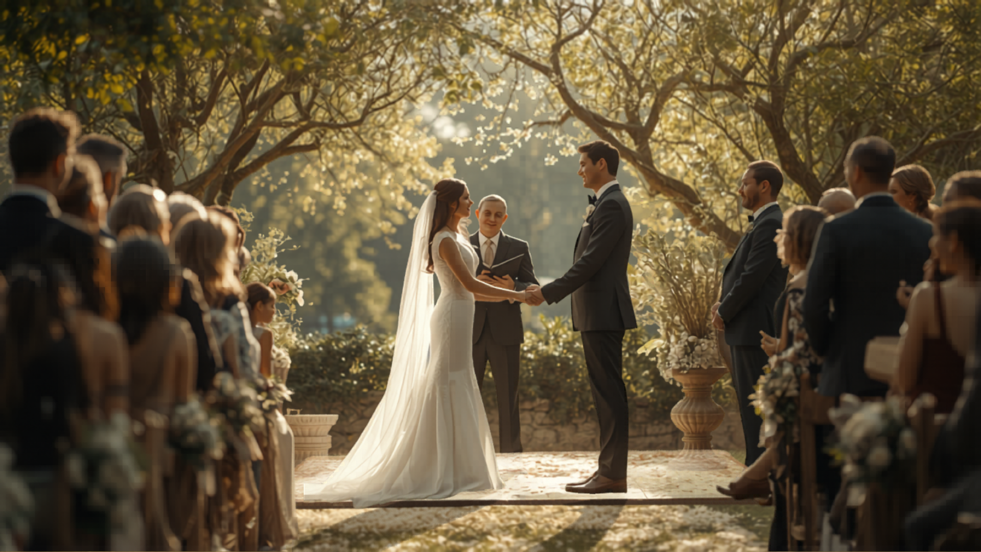 A bride and groom holding hands at an outdoor wedding altar surrounded by smiling guests, dappled sunlight through trees.