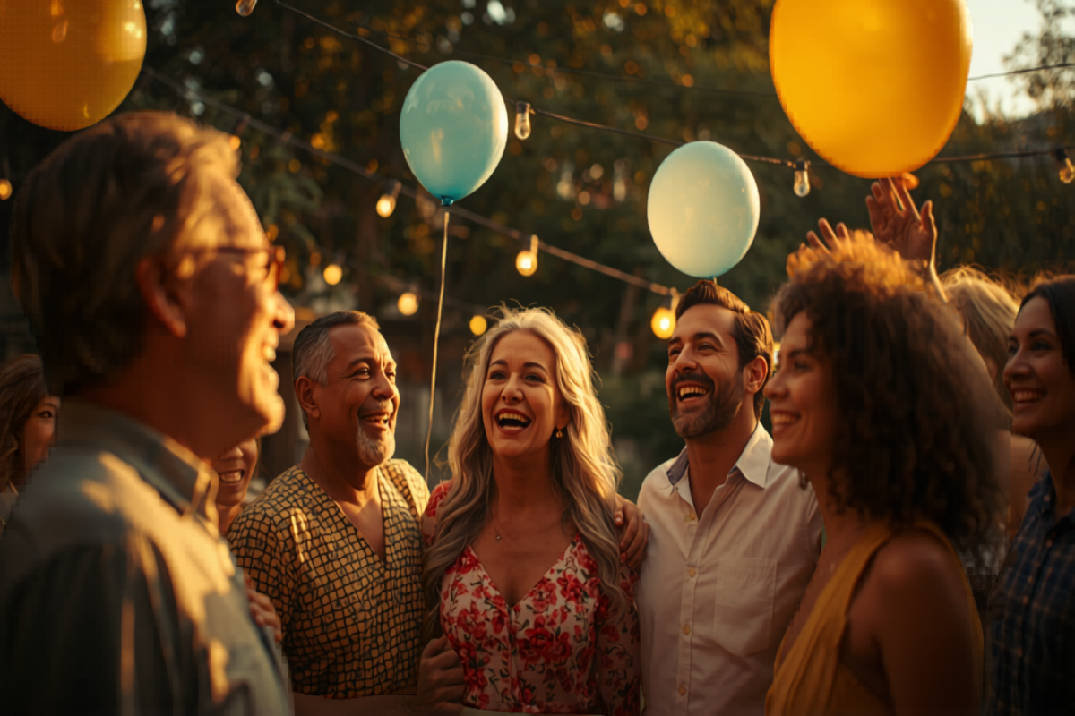 Family and wedding party gathered at a candlelit rehearsal dinner with smiling faces and warm lighting.