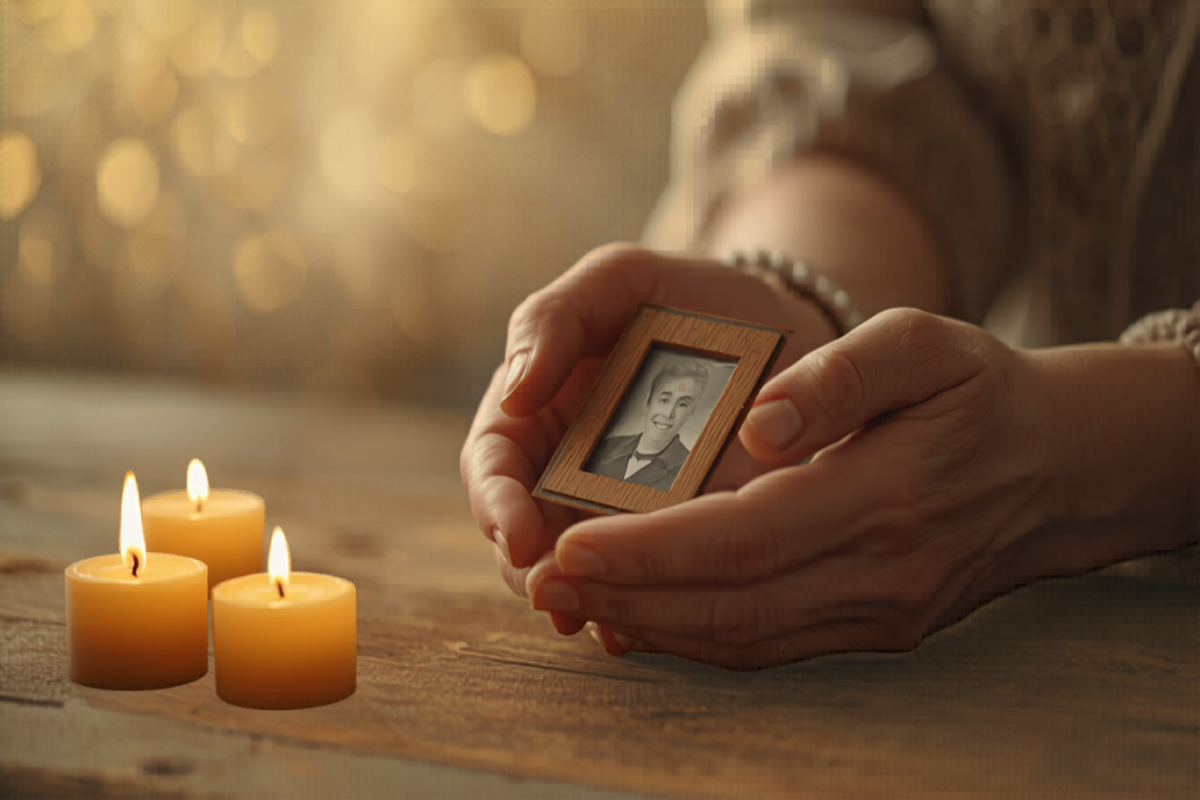 Soft hands holding a small framed photograph beside lit candles on a wooden surface, gentle warm light, dignified.