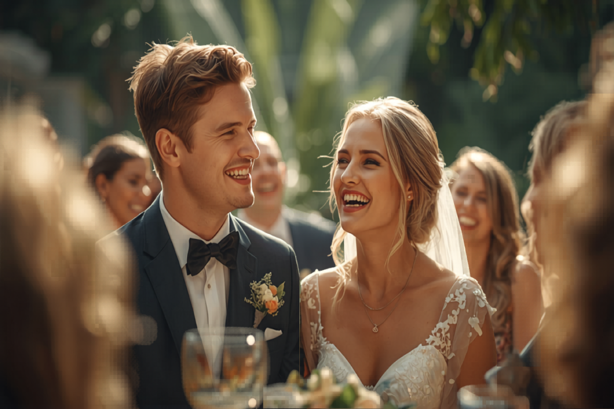 A bride and groom laughing together at their wedding reception in soft daylight, friends and family behind them.